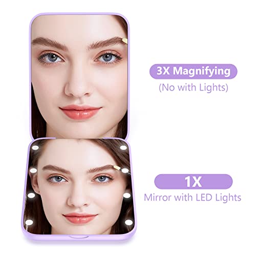 WOBSION Small Mirror with Lights,LED Compact Makeup Mirror,1x/3x Mini Travel Mirror with Magnification,Portable for Purse,Pocket,Gifts for Girls,Purple - Image 2