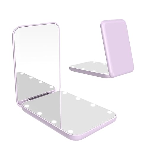 WOBSION Small Mirror with Lights,LED Compact Makeup Mirror,1x/3x Mini Travel Mirror with Magnification,Portable for Purse,Pocket,Gifts for Girls,Purple - Image 1