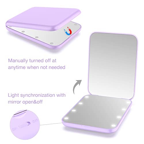 WOBSION Small Mirror with Lights,LED Compact Makeup Mirror,1x/3x Mini Travel Mirror with Magnification,Portable for Purse,Pocket,Gifts for Girls,Purple - Image 3