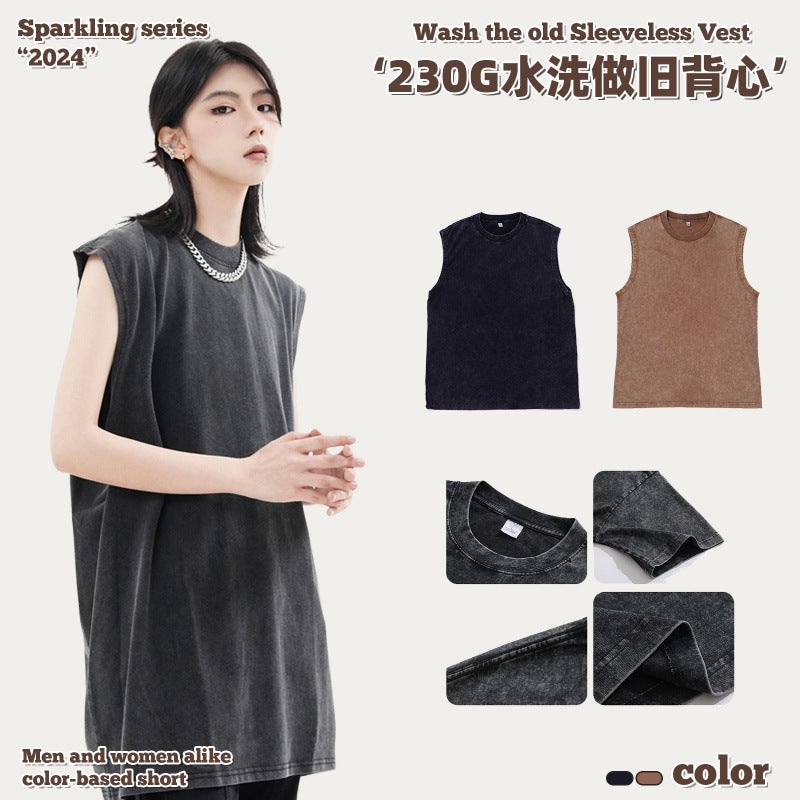 230G Pure Cotton Heavy-Duty Distressed Sleeveless T-Shirt For Men And Women, Washed Off-Shoulder Cotton Retro Couple T-Shirt Loose Vest - Image 2