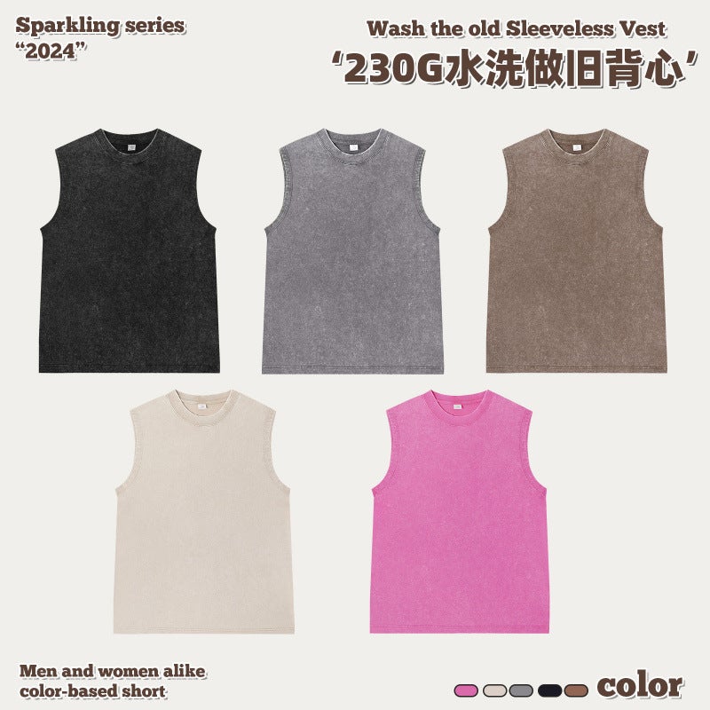 230G Pure Cotton Heavy-Duty Distressed Sleeveless T-Shirt For Men And Women, Washed Off-Shoulder Cotton Retro Couple T-Shirt Loose Vest - Image 3
