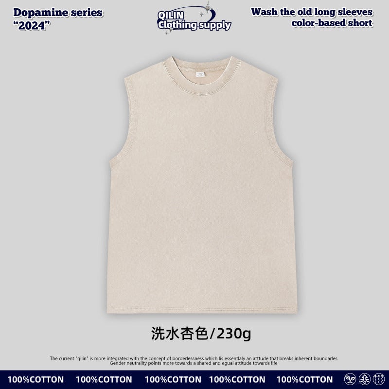 230G Pure Cotton Heavy-Duty Distressed Sleeveless T-Shirt For Men And Women, Washed Off-Shoulder Cotton Retro Couple T-Shirt Loose Vest - Image 1