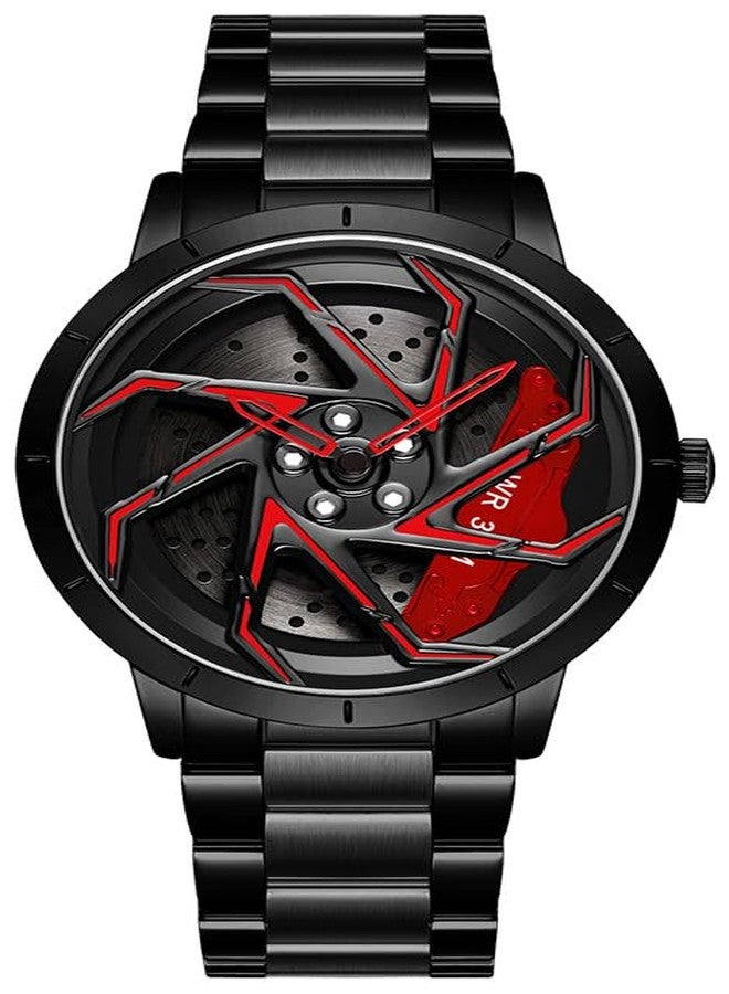 FANMIS Mens Fashion Racing Watch Creative 3D Spinning Car Wheel Rotating Design Stainless Steel Large Dial Skeleton Waterproof Watch,Suitable for Men and Car Enthusiasts, Mesh Blue Red - Image 1