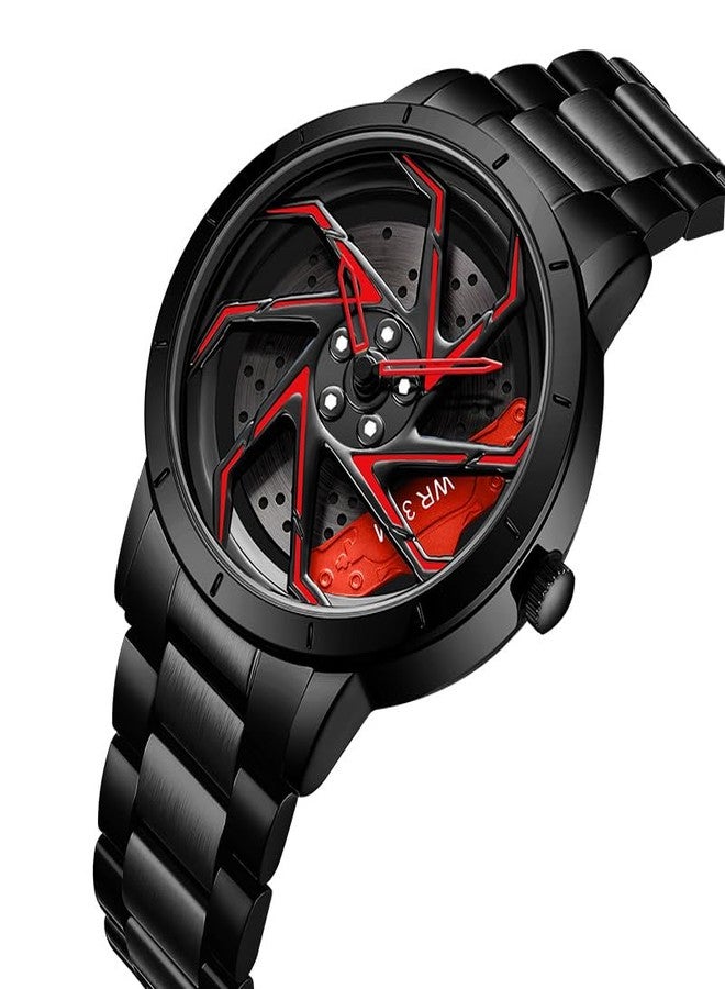 FANMIS Mens Fashion Racing Watch Creative 3D Spinning Car Wheel Rotating Design Stainless Steel Large Dial Skeleton Waterproof Watch,Suitable for Men and Car Enthusiasts, Mesh Blue Red - Image 2