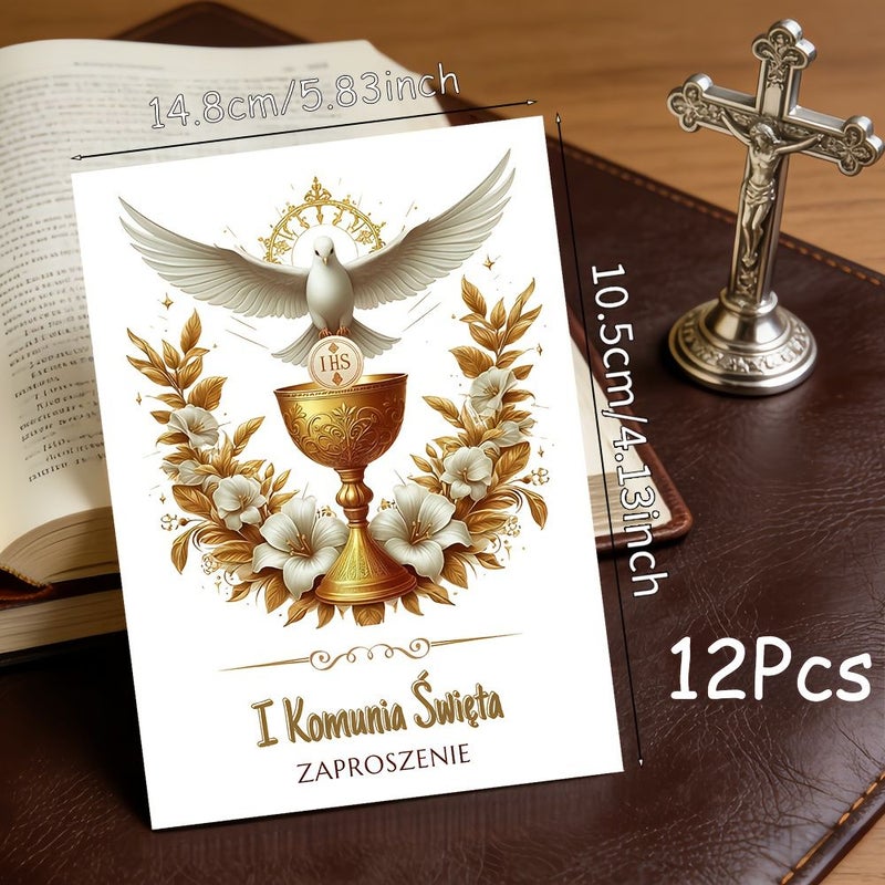 12pcs Polish First Communion Invitation Cards Holy Eucharist Gold Dove Chalice - Image 3