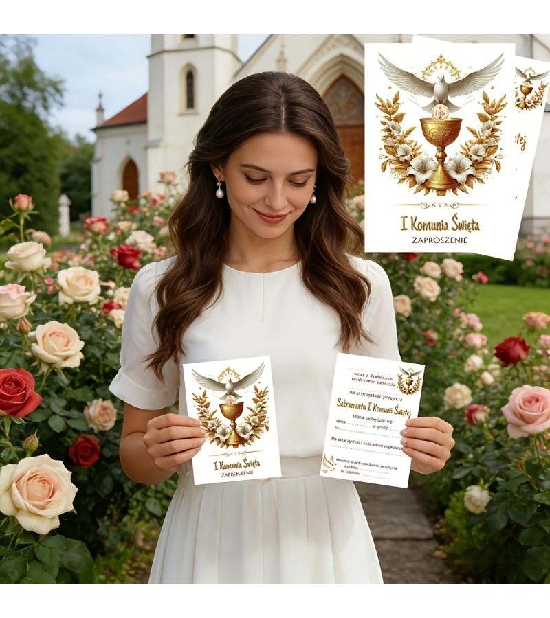 12pcs Polish First Communion Invitation Cards Holy Eucharist Gold Dove Chalice - Image 5