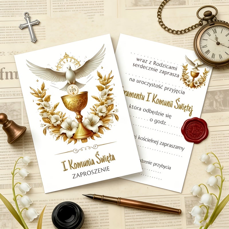 12pcs Polish First Communion Invitation Cards Holy Eucharist Gold Dove Chalice - Image 2