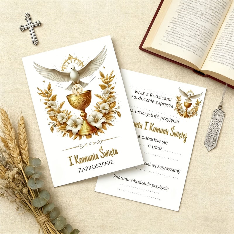 12pcs Polish First Communion Invitation Cards Holy Eucharist Gold Dove Chalice - Image 1