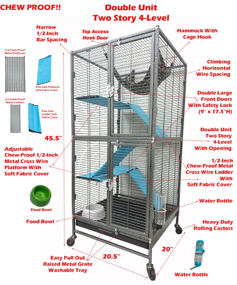 Mcage Deluxe Double Unit Two Full Story Durable Front Doors Tight 1/2-inch Wire Spacing Chew-Free Small Animal Critter Home Cage Water Bottle Food Bowl for Feisty Ferret Hammock Rat Mice On Wheels - Image 3