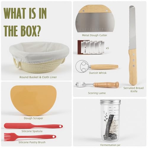 ASOBEAGE Banneton Bread Proofing Basket with 24oz Starter Jar -Round Cotton Rope Rising Basket with Bread Knife, Dough Scraper, Cloth & Liners - Complete Gift Kit for Sourdough and Artisan Bread Making - Image 4