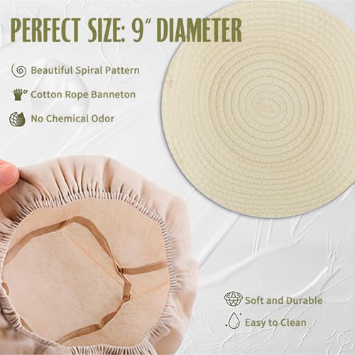 ASOBEAGE Banneton Bread Proofing Basket with 24oz Starter Jar -Round Cotton Rope Rising Basket with Bread Knife, Dough Scraper, Cloth & Liners - Complete Gift Kit for Sourdough and Artisan Bread Making - Image 3
