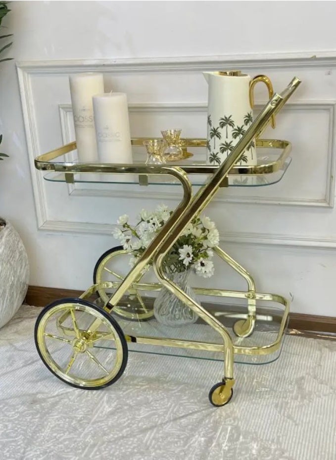 عربة تقديم زجاج و ستيل طبقتين 39x68x84 سم _ ذهبي - Image 1