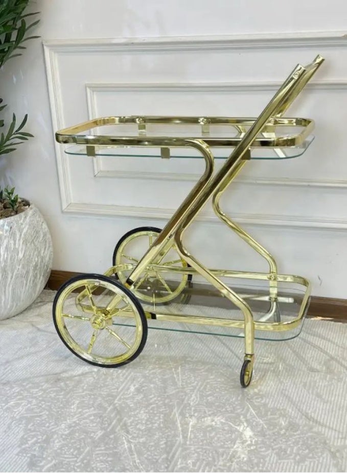 عربة تقديم زجاج و ستيل طبقتين 39x68x84 سم _ ذهبي - Image 3