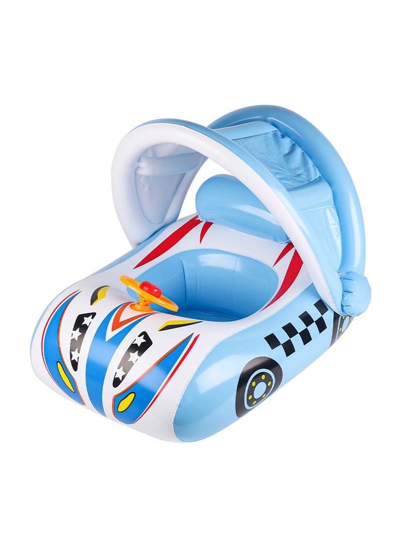 TAPIT Baby Pool Float with Canopy, 3D Car Thick PVC Inflatable Baby Pool Float Seat Boat with Sunshade and Steering Wheel, Baby Swimming Float for 1-5 Years Old Boys and Girls (Blue) - Image 1