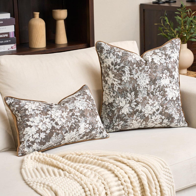 Alerfa Brown Neutral Floral Pillow Cover 20 x 20 Inch, Vintage Chenille Square Couch Pillow Cover Soft Decorative Farmhouse Accent Pillowcase for Living Room Bedroom - Image 4
