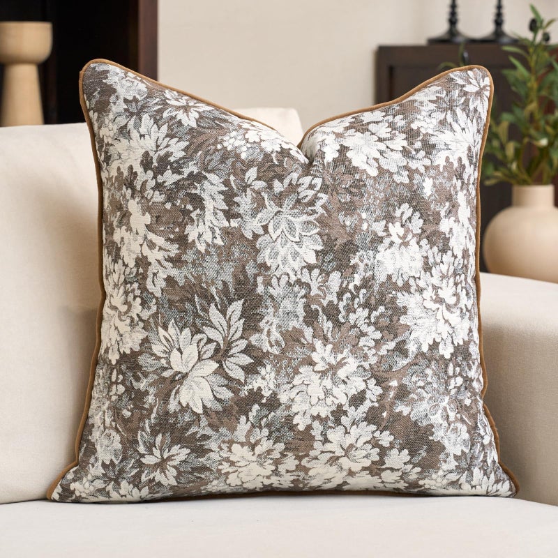Alerfa Brown Neutral Floral Pillow Cover 20 x 20 Inch, Vintage Chenille Square Couch Pillow Cover Soft Decorative Farmhouse Accent Pillowcase for Living Room Bedroom - Image 1