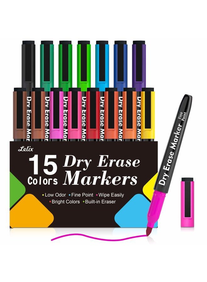 Lelix 15 Colors Dry Erase Markers, Magnetic Whiteboard Markers Fine Point with Eraser for Back to School, Office, Home Perfect for Writing on White Board, Dry Erase Board, Mirror, Glass - Image 1