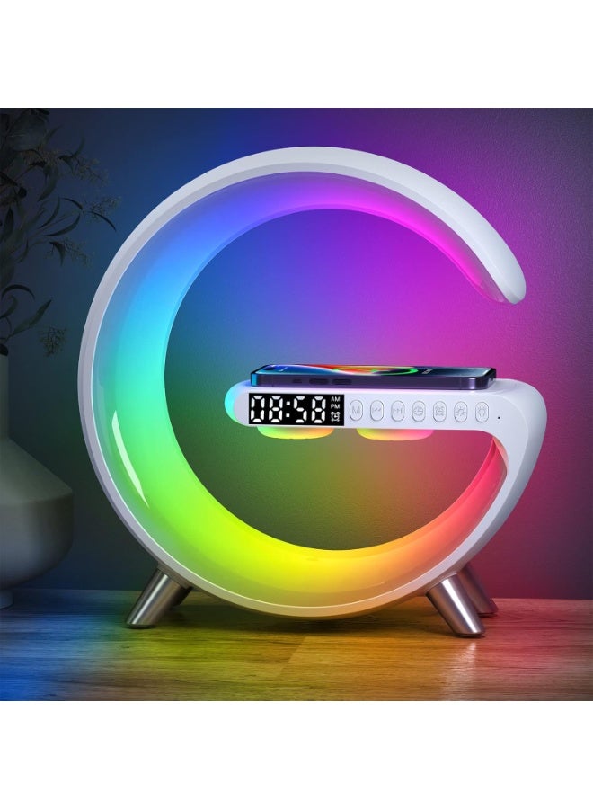 MUNTAQI Smart Atmosphere Lamp with 15W Wireless Charger, Bluetooth Speaker, LED Alarm Clock & Dimmable Ambient Light – Multi-Color Night Light with Running Lights, Touch Control, for Bedroom, Office & Kids Room - Image 1