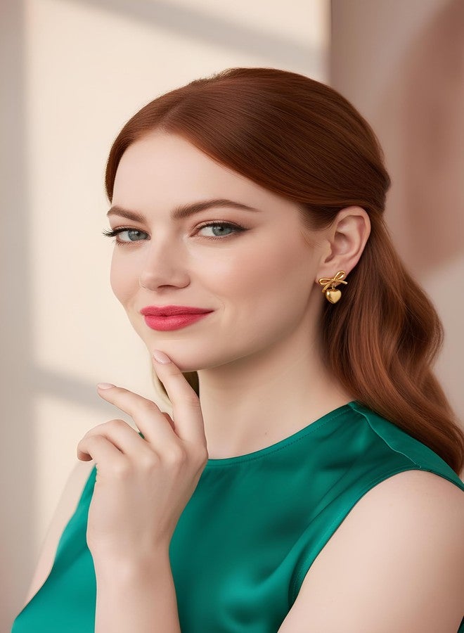 Nextcart Gold Bow Heart Earrings Set For Women & Girls | Korean Drop Dangle Studs | Anti-Tarnish Lightweight Stainless Steel Waterproof Minimalist Earrings - Image 3