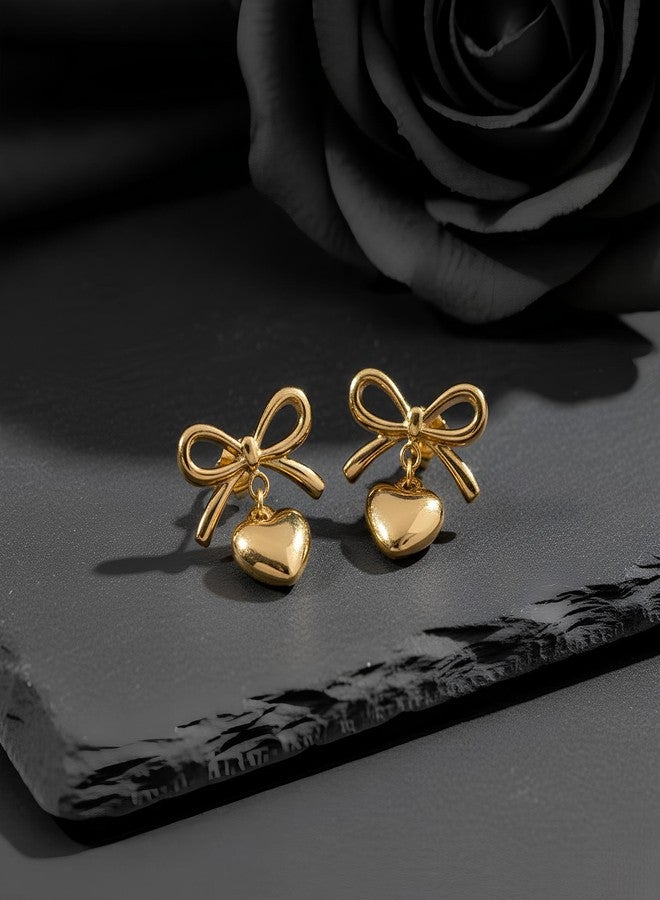 Nextcart Gold Bow Heart Earrings Set For Women & Girls | Korean Drop Dangle Studs | Anti-Tarnish Lightweight Stainless Steel Waterproof Minimalist Earrings - Image 5