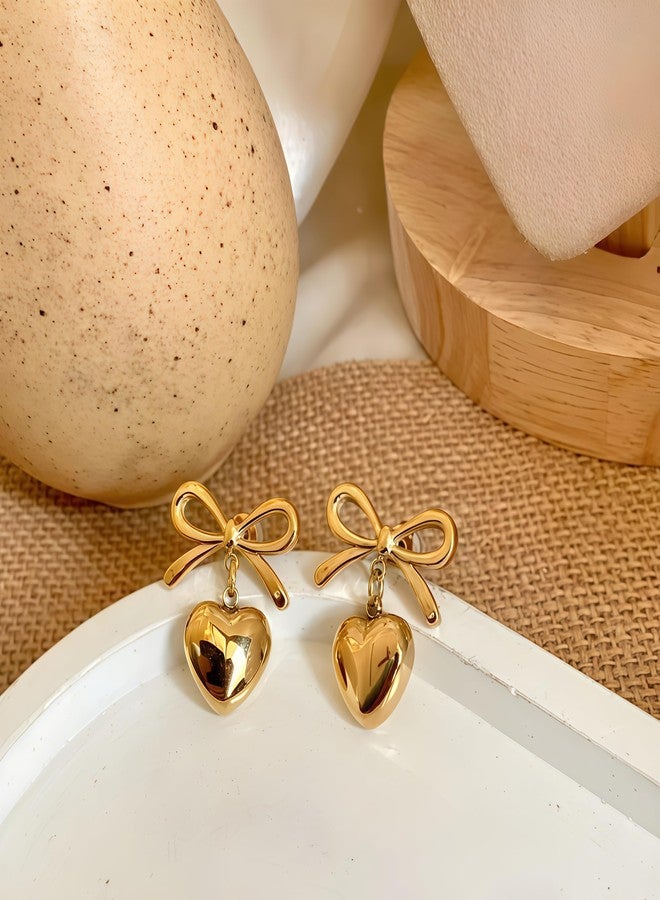 Nextcart Gold Bow Heart Earrings Set For Women & Girls | Korean Drop Dangle Studs | Anti-Tarnish Lightweight Stainless Steel Waterproof Minimalist Earrings - Image 4