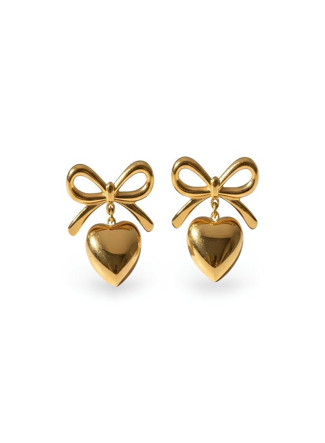 Nextcart Gold Bow Heart Earrings Set For Women & Girls | Korean Drop Dangle Studs | Anti-Tarnish Lightweight Stainless Steel Waterproof Minimalist Earrings - Image 1