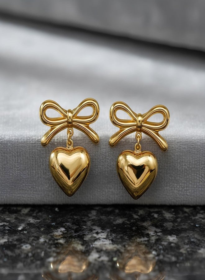 Nextcart Gold Bow Heart Earrings Set For Women & Girls | Korean Drop Dangle Studs | Anti-Tarnish Lightweight Stainless Steel Waterproof Minimalist Earrings - Image 2