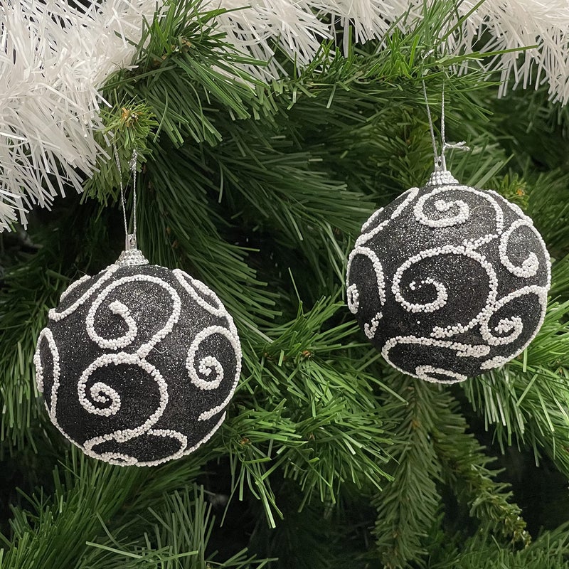 allgala allgala 12 Pack 3 Inch Christmas Tree Ornament Balls-Glitter Decorated Foam Large Xmas Ball-Black  - Image 3