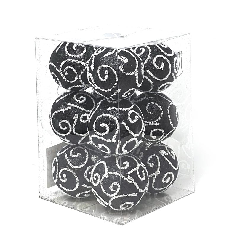 allgala allgala 12 Pack 3 Inch Christmas Tree Ornament Balls-Glitter Decorated Foam Large Xmas Ball-Black  - Image 1