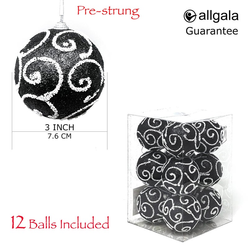 allgala allgala 12 Pack 3 Inch Christmas Tree Ornament Balls-Glitter Decorated Foam Large Xmas Ball-Black  - Image 2