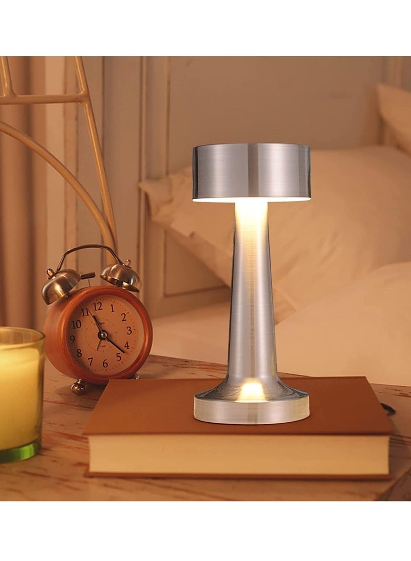 راكسوم مصباح طاولة، مصباح مكتبي LED بمستشعر لمس لاسلكي قابل لإعادة الشحن، مصباح مكتبي 3 طرق للتعتيم، مع سلك USB لإضاءة البار والمطعم وغرفة النوم بجانب السرير (فضي) - Image 2