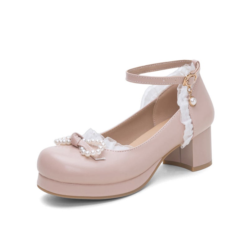 Sweet Soft Sister Shallow Mouth 2025 Lolita Student 28-43 Big Child Princess Lo Shoes Bow Pearl Shoes - Image 1