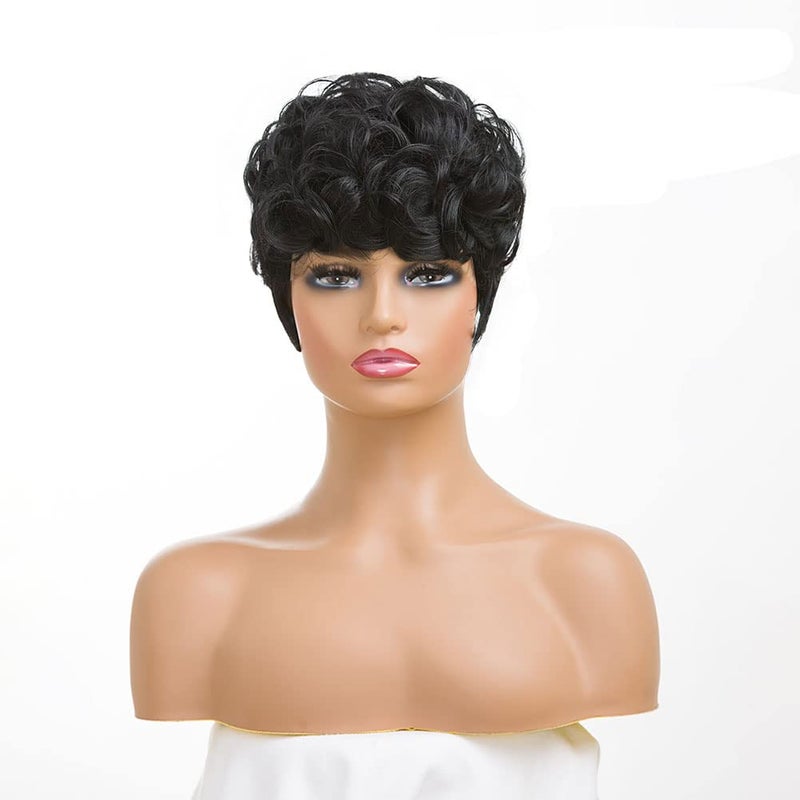 MOONSHOW Short Pixie Wigs for Black Women Short Black Curly Pixie Wig Synthetic Short Hair Wigs for Black Women Natural Wavy Black Pixie Cut Wig (Natural Black) - Image 2