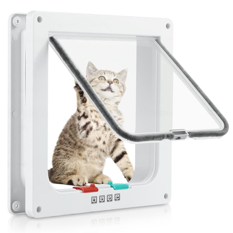 Mkobon Cat Door for Interior Exterior Door (Outer Size 9.8" x 9.3"), 4-Way Locking Flap for Cats & Dogs(Circumference < 23"), Weatherproof Pet Door, White, ABS Material (L) - Image 1