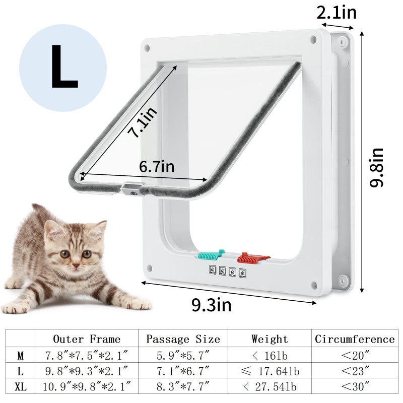 Mkobon Cat Door for Interior Exterior Door (Outer Size 9.8" x 9.3"), 4-Way Locking Flap for Cats & Dogs(Circumference < 23"), Weatherproof Pet Door, White, ABS Material (L) - Image 2