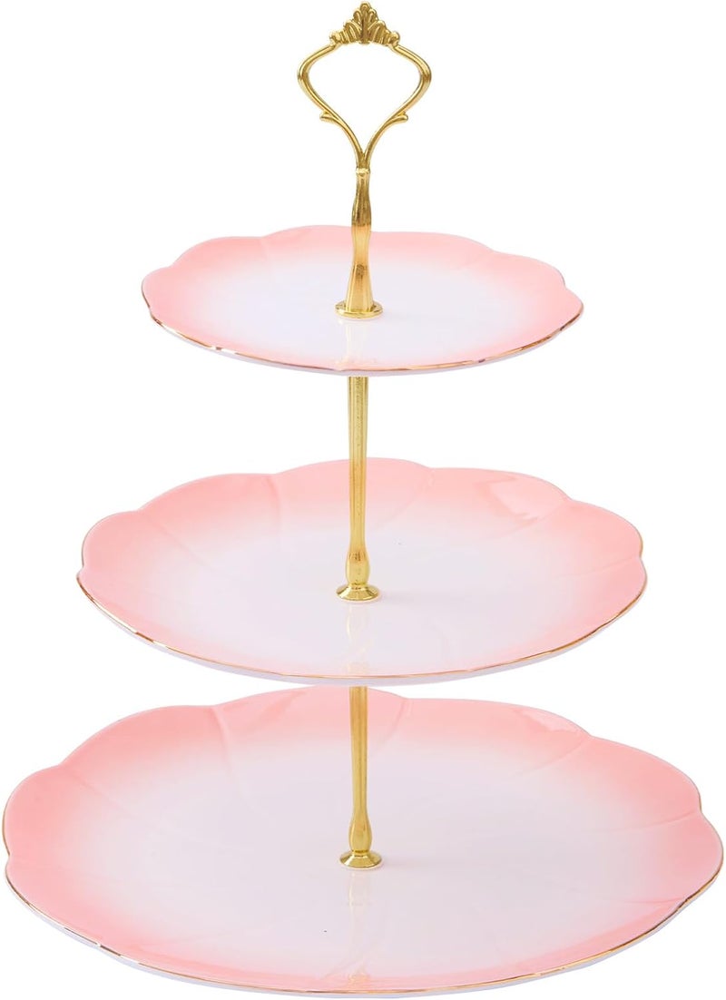 DUJUST Luxury Larger 3-Tier Cupcake Stand Tower, British Style Porcelain Serving Tray with Golden Trim, Food Grade Dessert Display Stand for Tea Party & Home Décor - 45% Gradient Pink Larger Plates - Image 1
