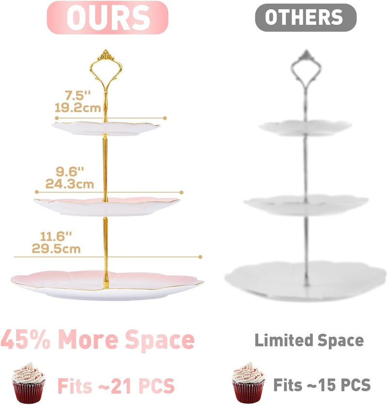 DUJUST Luxury Larger 3-Tier Cupcake Stand Tower, British Style Porcelain Serving Tray with Golden Trim, Food Grade Dessert Display Stand for Tea Party & Home Décor - 45% Gradient Pink Larger Plates - Image 5