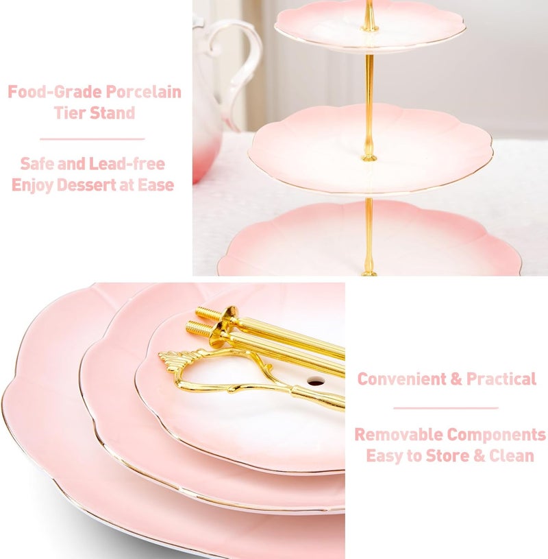 DUJUST Luxury Larger 3-Tier Cupcake Stand Tower, British Style Porcelain Serving Tray with Golden Trim, Food Grade Dessert Display Stand for Tea Party & Home Décor - 45% Gradient Pink Larger Plates - Image 4