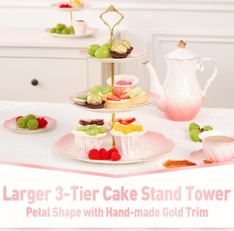 DUJUST Luxury Larger 3-Tier Cupcake Stand Tower, British Style Porcelain Serving Tray with Golden Trim, Food Grade Dessert Display Stand for Tea Party & Home Décor - 45% Gradient Pink Larger Plates - Image 2