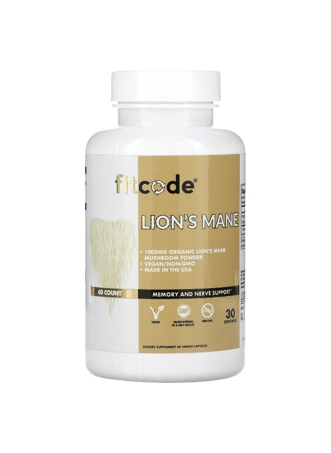 fitcode fitcode, Lion's Mane, 1,000 mg, 60 Veggie Capsules (500 mg per Capsule) 