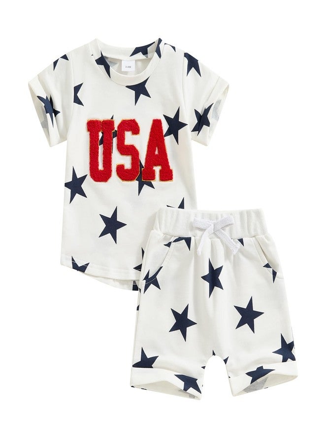 Amnnchya Baby Boy Girl 4th of July Outfit Toddler Fourth of July Clothes Infant USA Shirt and Stars Shorts Set (White Stars, 3-4 Years) - Image 1