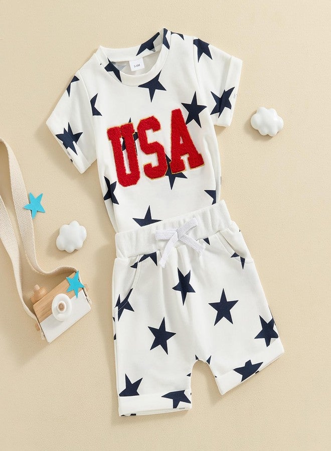 Amnnchya Baby Boy Girl 4th of July Outfit Toddler Fourth of July Clothes Infant USA Shirt and Stars Shorts Set (White Stars, 3-4 Years) - Image 3
