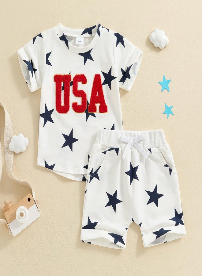 Amnnchya Baby Boy Girl 4th of July Outfit Toddler Fourth of July Clothes Infant USA Shirt and Stars Shorts Set (White Stars, 3-4 Years) - Image 2