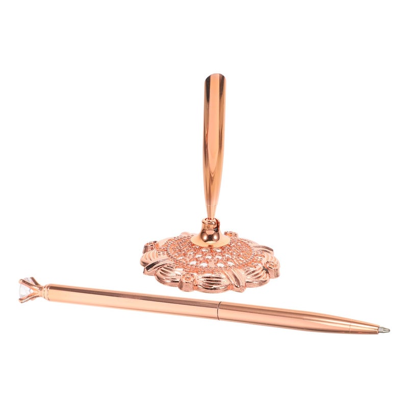 Sparkly Rhinestone Rose Gold Ballpoint Pen with Fixed Counter Stand for Office Bank Wedding - Image 2