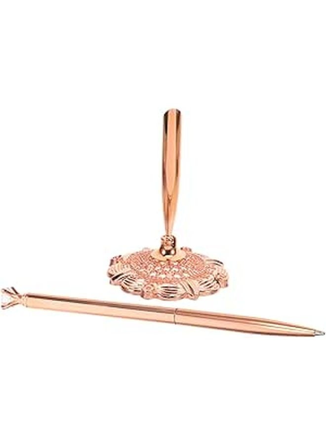 Sparkly Rhinestone Rose Gold Ballpoint Pen with Fixed Counter Stand for Office Bank Wedding - Image 1