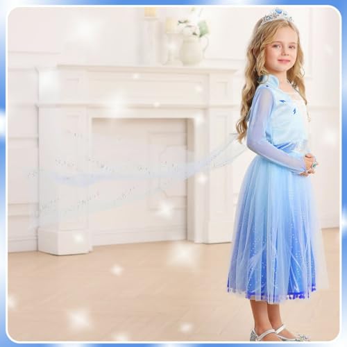 Luzlen Girls Princess Costume Kids Queen Halloween Cosplay Party Blue Dress with Accessories, 4-5 Years(Label 120) - Image 3