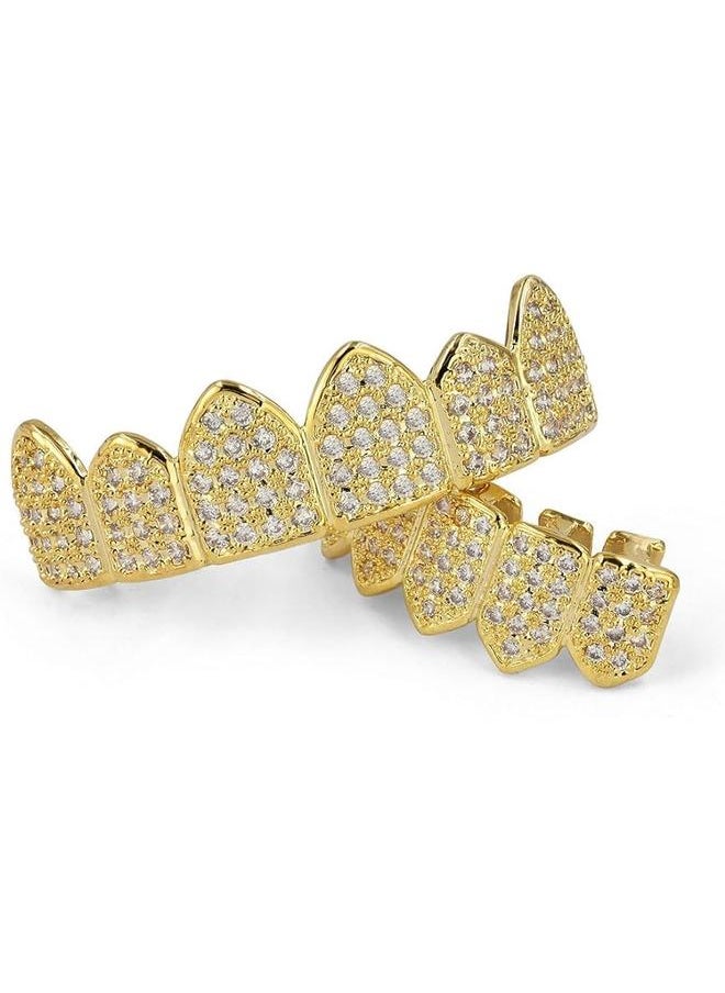Generic - Diamond Grills for Your Teeth for Men Women Gold Plated Iced Out Macro Pave Cubic Zirconia Mouth Grill with Extra Molding Bars Included - Image 1