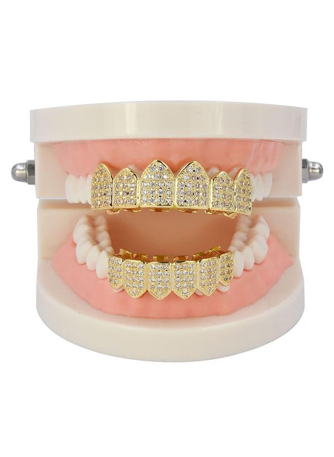 Generic - Diamond Grills for Your Teeth for Men Women Gold Plated Iced Out Macro Pave Cubic Zirconia Mouth Grill with Extra Molding Bars Included - Image 1