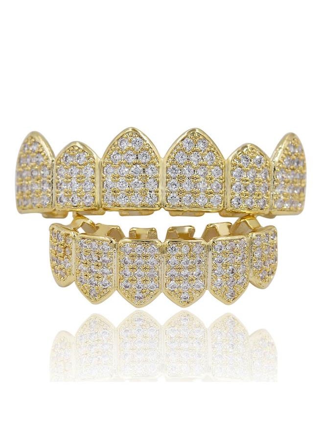 Generic - Diamond Grills for Your Teeth for Men Women Gold Plated Iced Out Macro Pave Cubic Zirconia Mouth Grill with Extra Molding Bars Included - Image 1