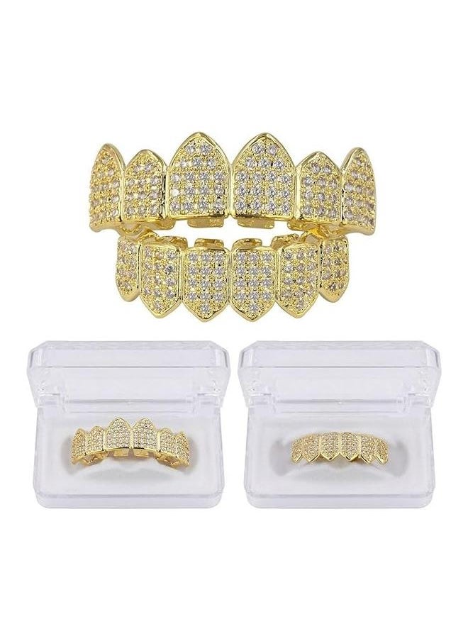 Generic - Diamond Grills for Your Teeth for Men Women Gold Plated Iced Out Macro Pave Cubic Zirconia Mouth Grill with Extra Molding Bars Included - Image 1